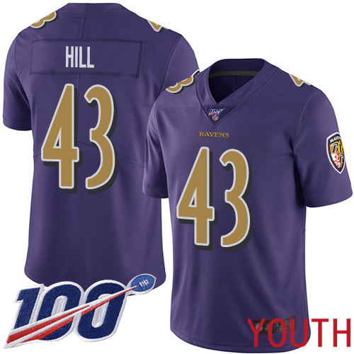 Baltimore Ravens Limited Purple Youth Justice Hill Jersey NFL Football 43 100th Season Rush Vapor Untouchable